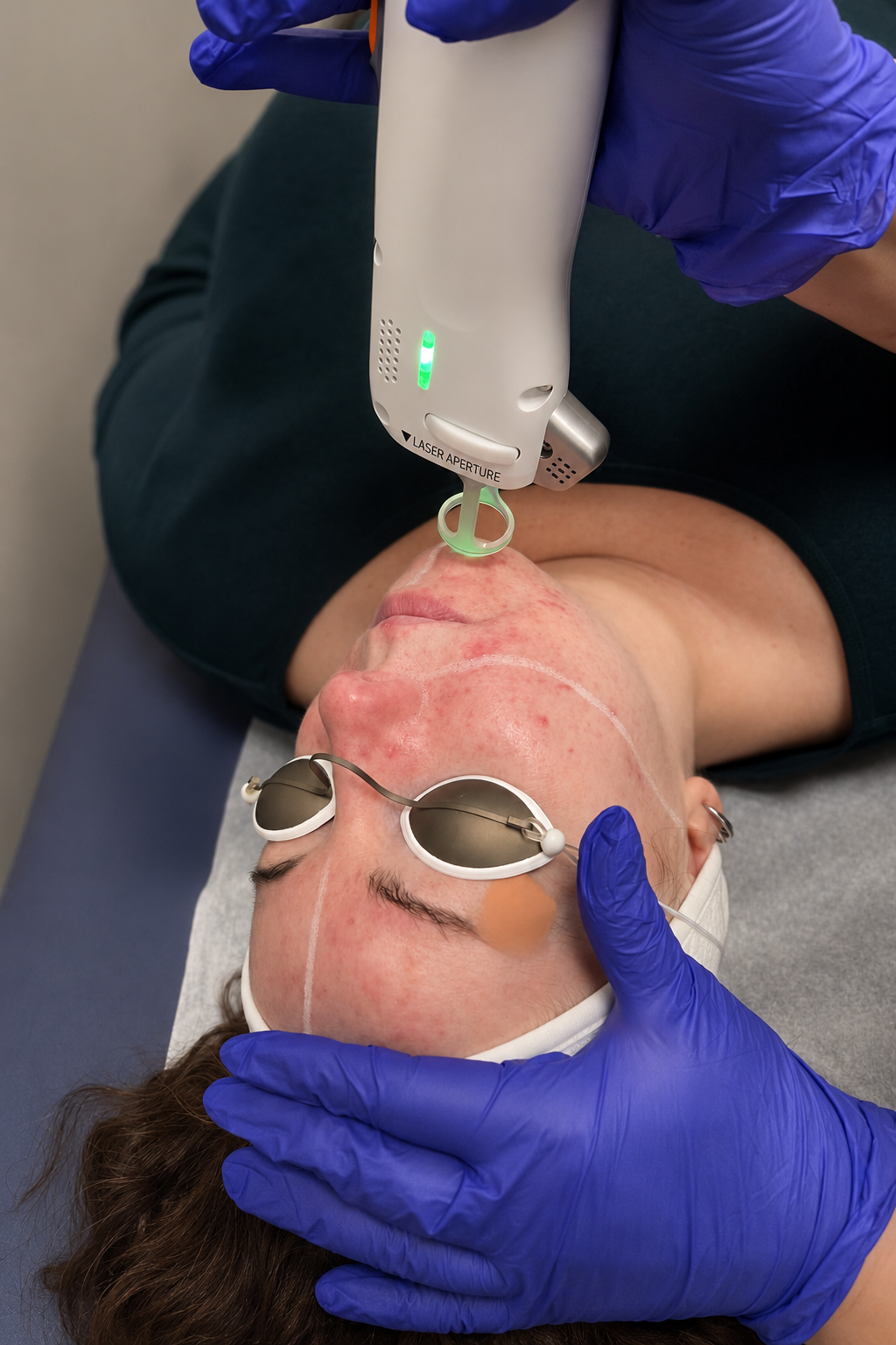 A women appears under with the doctor holder her head and rejuvenation medical device aimed on her chin.